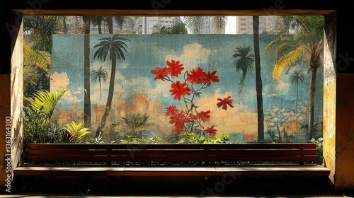 Vibrant Floral Mural in Urban Setting with Tropical Plants and Bench