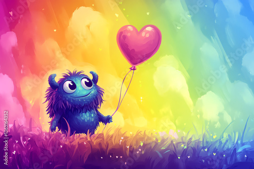 A cute creature holding a heart-shaped balloon in a colorful setting.