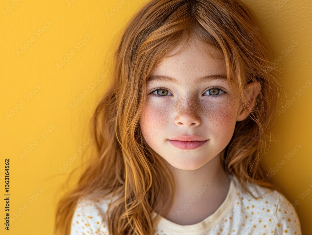 Portrait of a Charming Redhead Girl with Freckles Against a Yellow Background Capturing Youthful Innocence and Natural Beauty in a Close Up Portrait of a Charming Redhead Girl with Freckles Against a Yellow Background Capturing Youthful Innocence and Natural Beauty in a Close Up