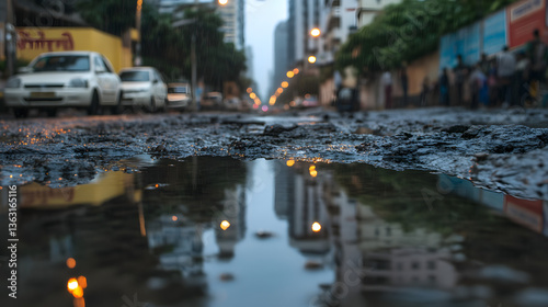 Puddle Reflection in City Street After Rain