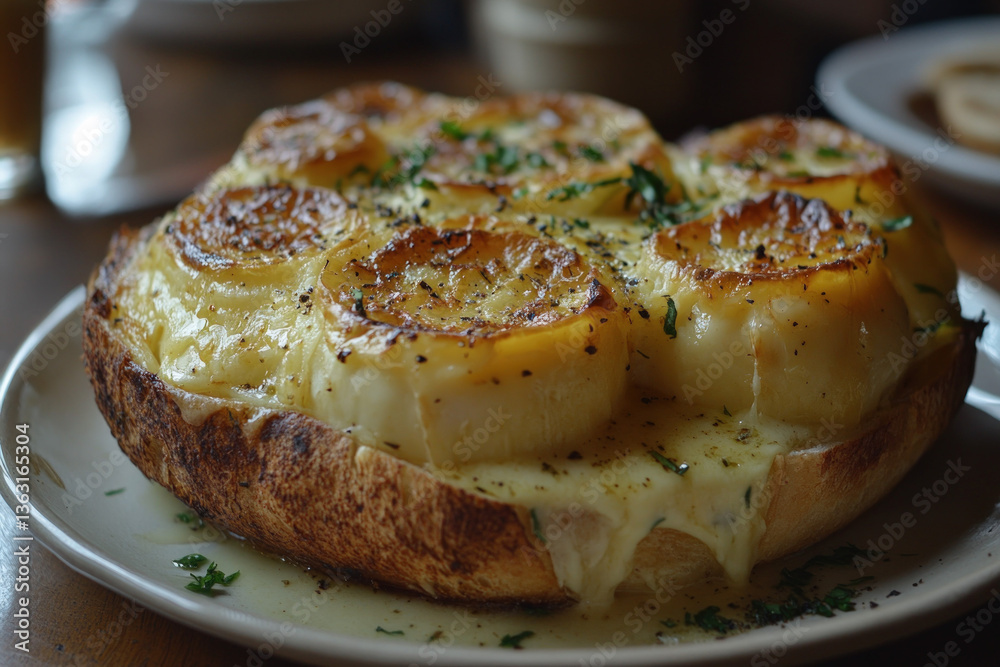 A baked scalloped camembert, golden and gooey, appetizing and warm A baked scalloped camembert, golden and gooey, appetizing and warm