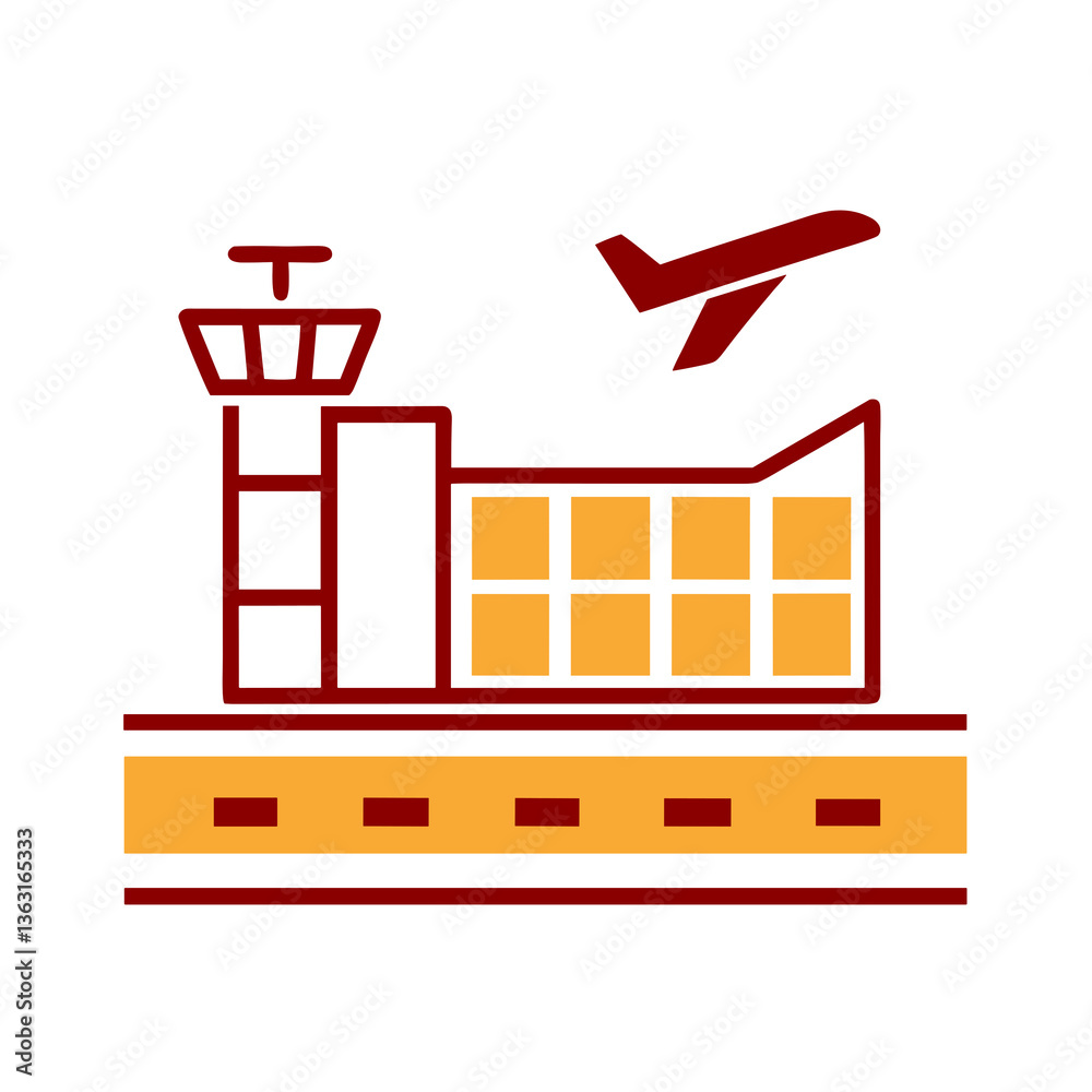 Fototapeta premium Airport terminal with airplane taking off in flat style, AI Generation