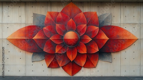 Vibrant Red Flower Mural on Concrete Wall in Urban Setting
