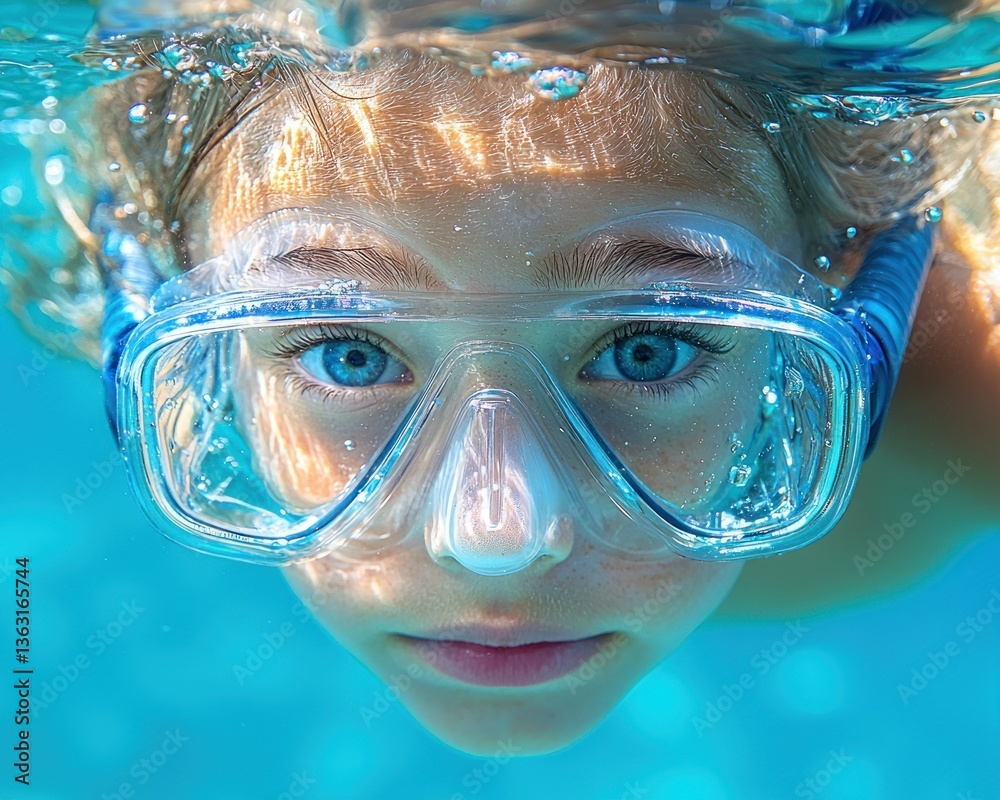 Naklejka premium Underwater Child with Snorkel Mask: A Captivating Portrait