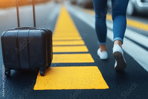 Woman Walking with Suitcase with City Street.