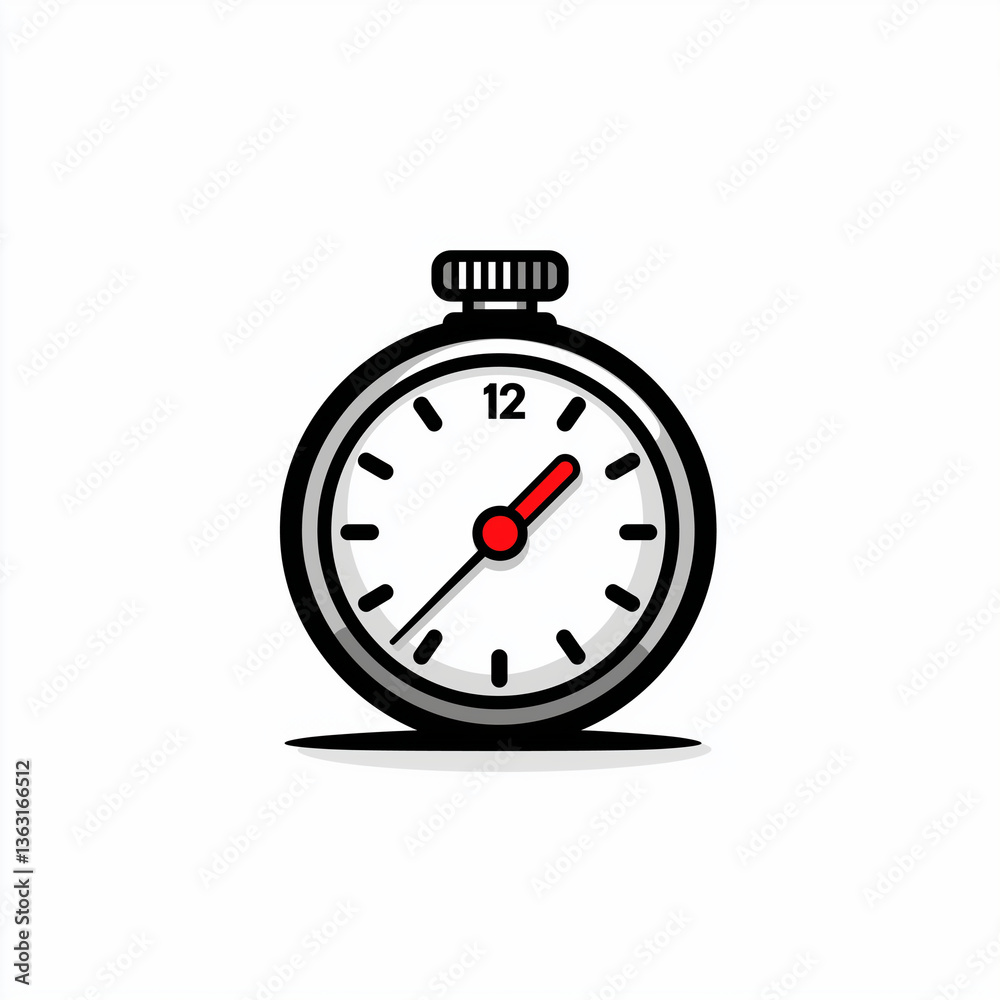 Flat stopwatch icon with a bold black outline and red hand, simple design representing time, speed, countdown, and precision. Flat stopwatch icon with a bold black outline and red hand, simple design representing time, speed, countdown, and precision.