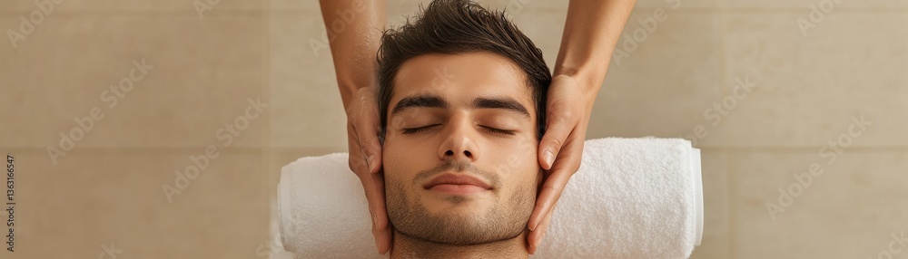 Obraz premium Male model in a spa getting a rejuvenating shampoo massage, steam effect