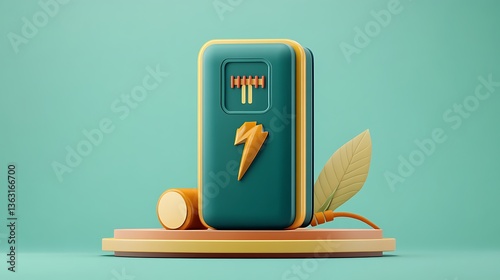 Teal and Gold 3D Render of a Power Bank on a Pastel Platform AI Generated