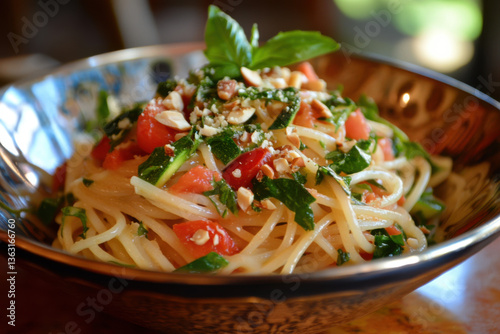 Delicious spaghetti with tomatoes, basil, almonds and greens filling a bowl