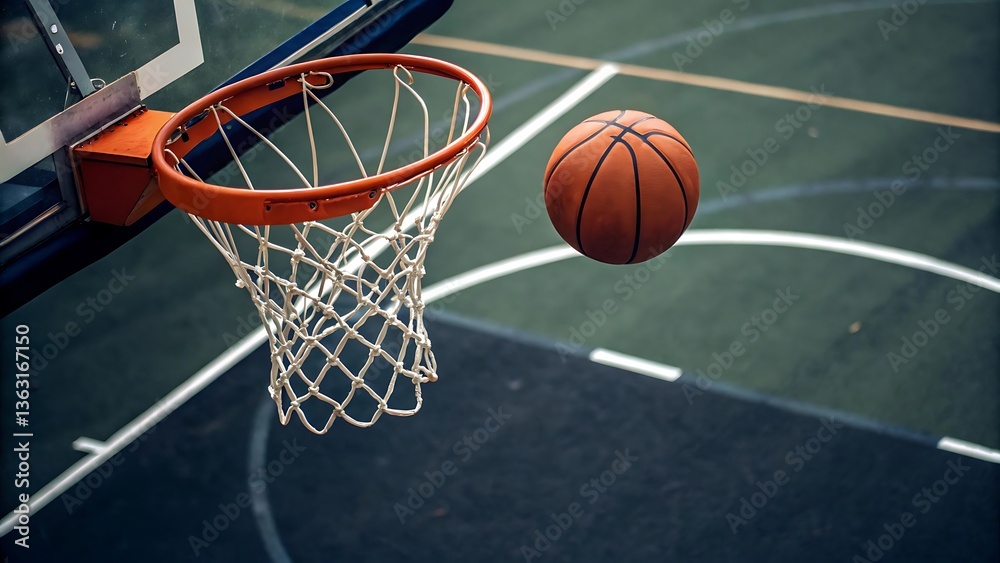 Basketball in Motion: Close-up View of Hoop, Net, and Ball Above the Court Lines for Sports Content. Basketball in Motion: Close-up View of Hoop, Net, and Ball Above the Court Lines for Sports Content.