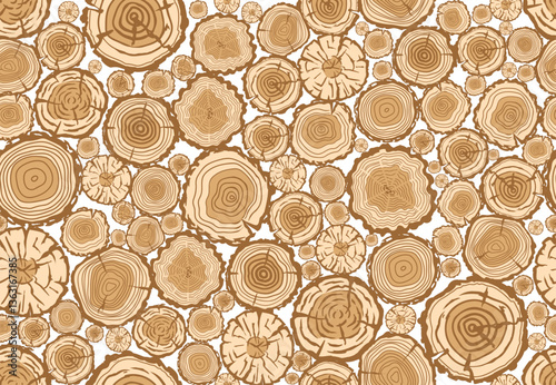 Seamless pattern with round cuts of logs, wooden texture. Tree growth rings, pile of wood, Pine. oak slices. Cut timber hand drawn design