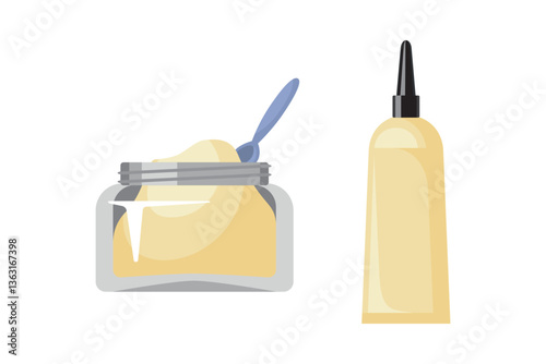 Face and body cream. Cosmetics. Transparent jar with cream side view. A tube of cream. Vector Illustration in a flat style