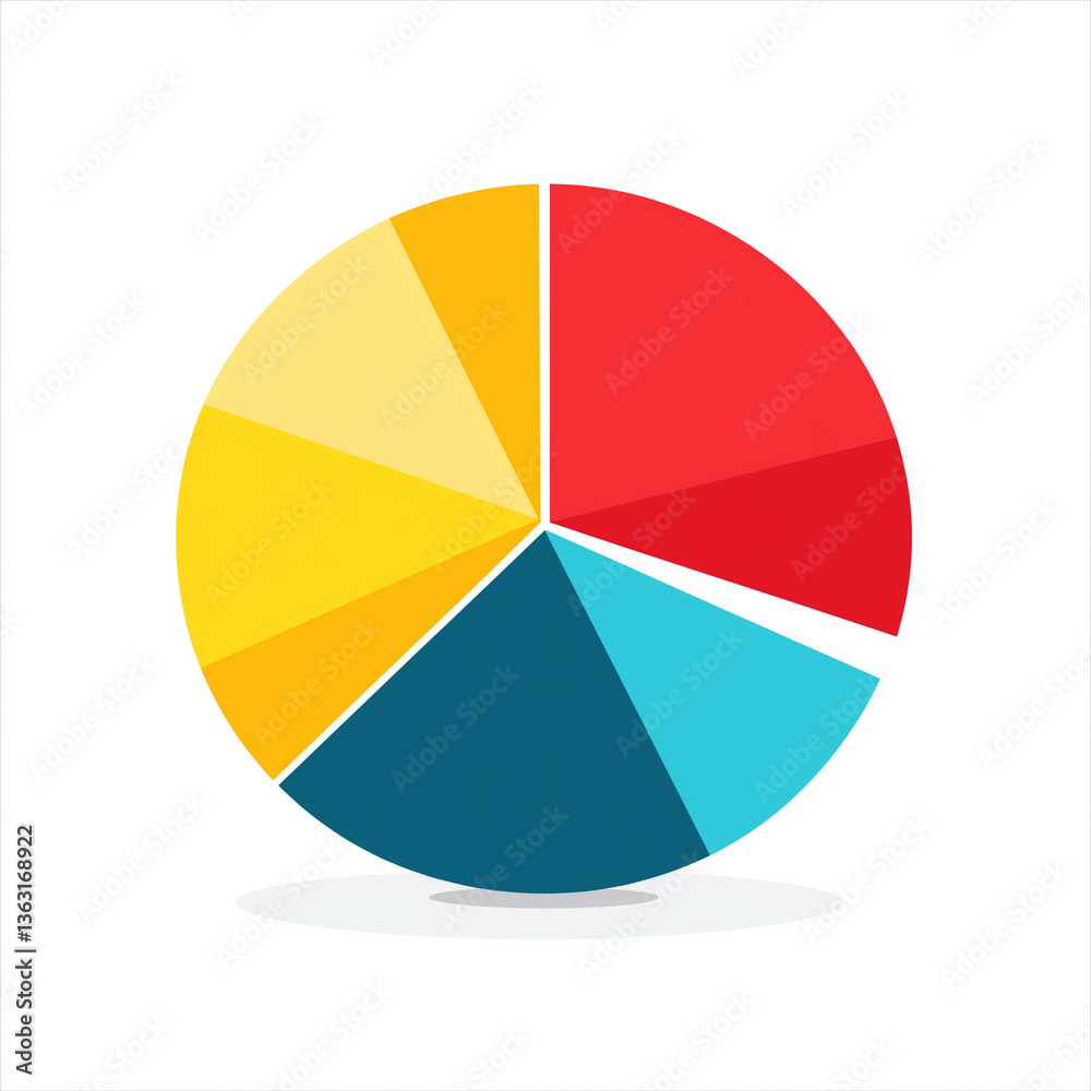 Fototapeta premium Flat vector colorful pie chart divided into sections, representing business data, statistics, and financial analysis.