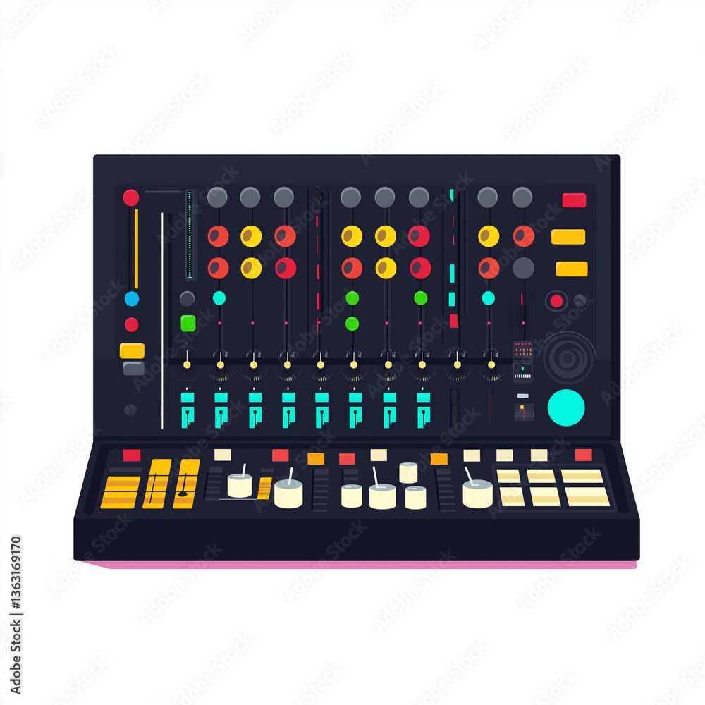 Vector illustration of an advanced sound mixing board with colorful buttons, sliders, and control knobs, ideal for music production and audio mixing. Vector illustration of an advanced sound mixing board with colorful buttons, sliders, and control knobs, ideal for music production and audio mixing.