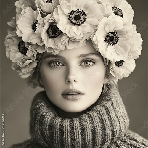 Woman with flower crown, and sepia portrait.