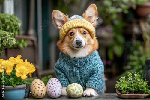 A dog dressed in an Easter costume, playful and humorous, pet theme