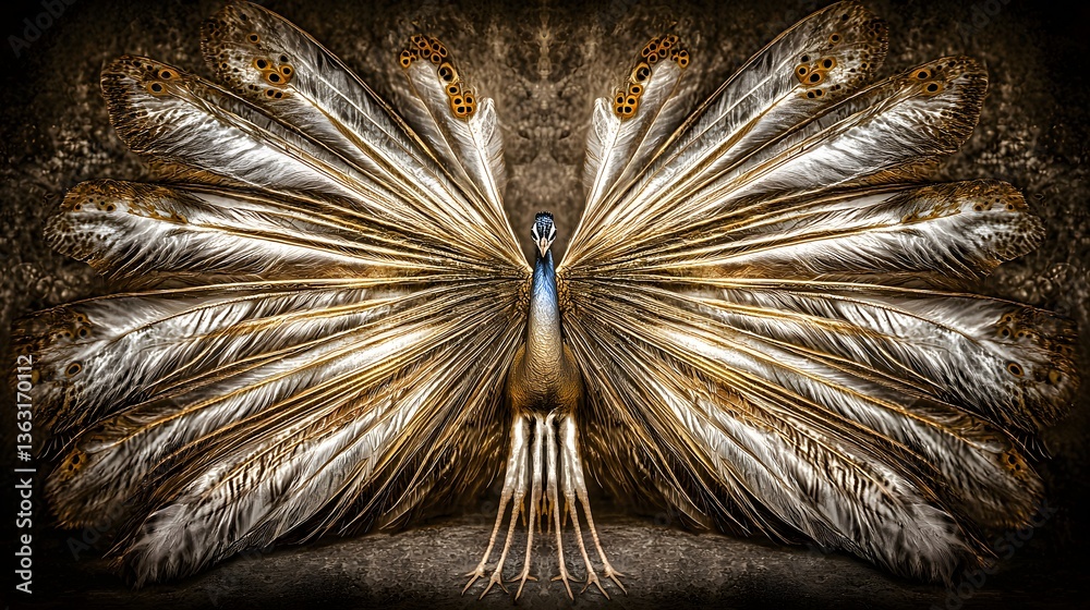 Obraz premium Majestic Peacock Displaying Ornate Feathers with Vibrant Colors Against a Textured Background