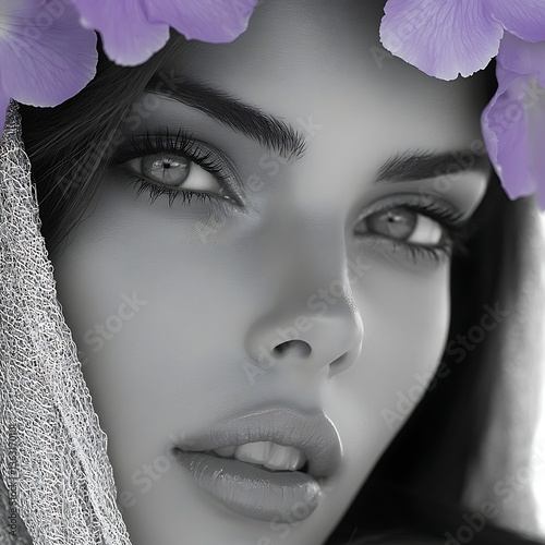 Woman with flowers, and grayscale portrait.