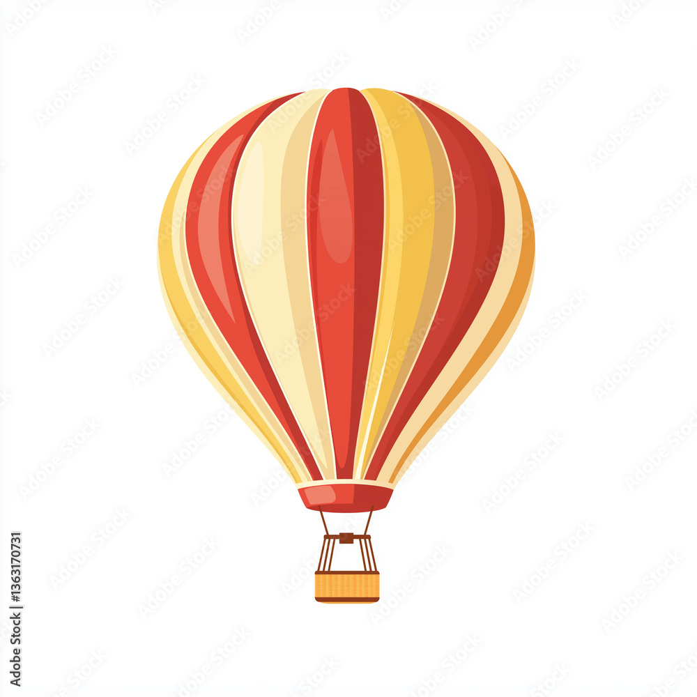 Fototapeta premium Bright red and orange striped hot air balloon icon in minimalist flat design, representing air travel, adventure, and scenic flights.