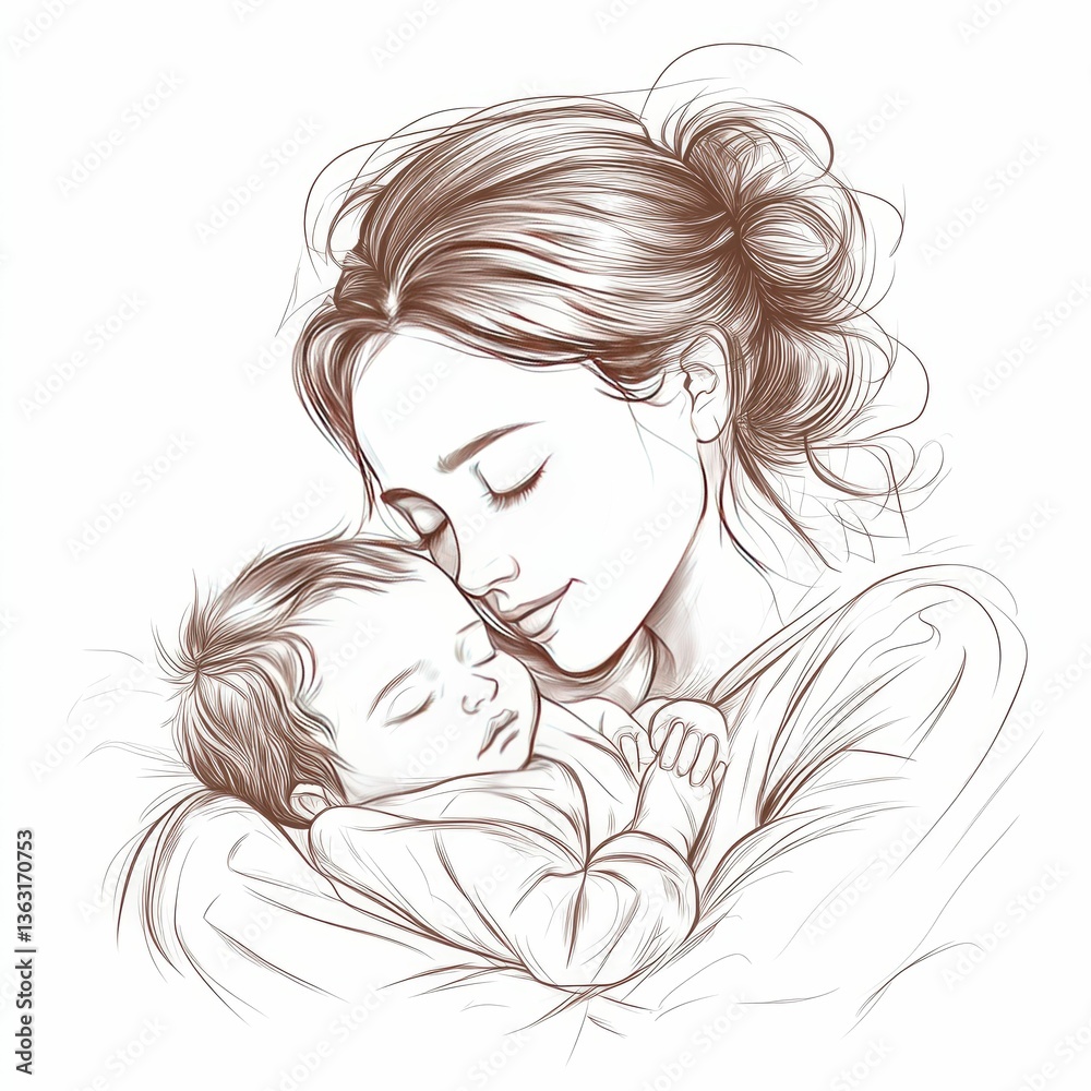 Fototapeta premium Simple line sketch of a mother rocking her baby to sleep, soft and maternal.