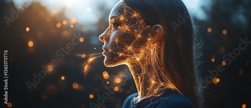 Woman with glowing, nature, and bokeh.