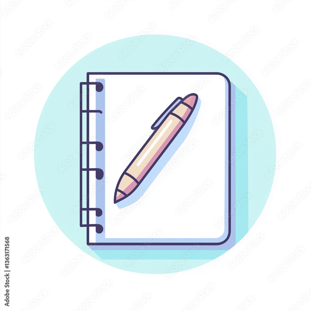 Flat-style journal with a spiral binding and a pen, minimalist design on a circular blue background, symbolizing writing, planning, and personal reflection. Flat-style journal with a spiral binding and a pen, minimalist design on a circular blue background, symbolizing writing, planning, and personal reflection.