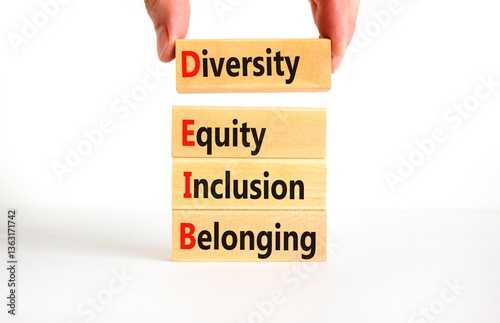 DEIB diversity equity inclusion belonging symbol. Concept words DEIB diversity equity inclusion belonging on blocks. Beautiful white background. Business diversity equity inclusion belonging concept.