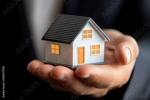Hand holding small model house	