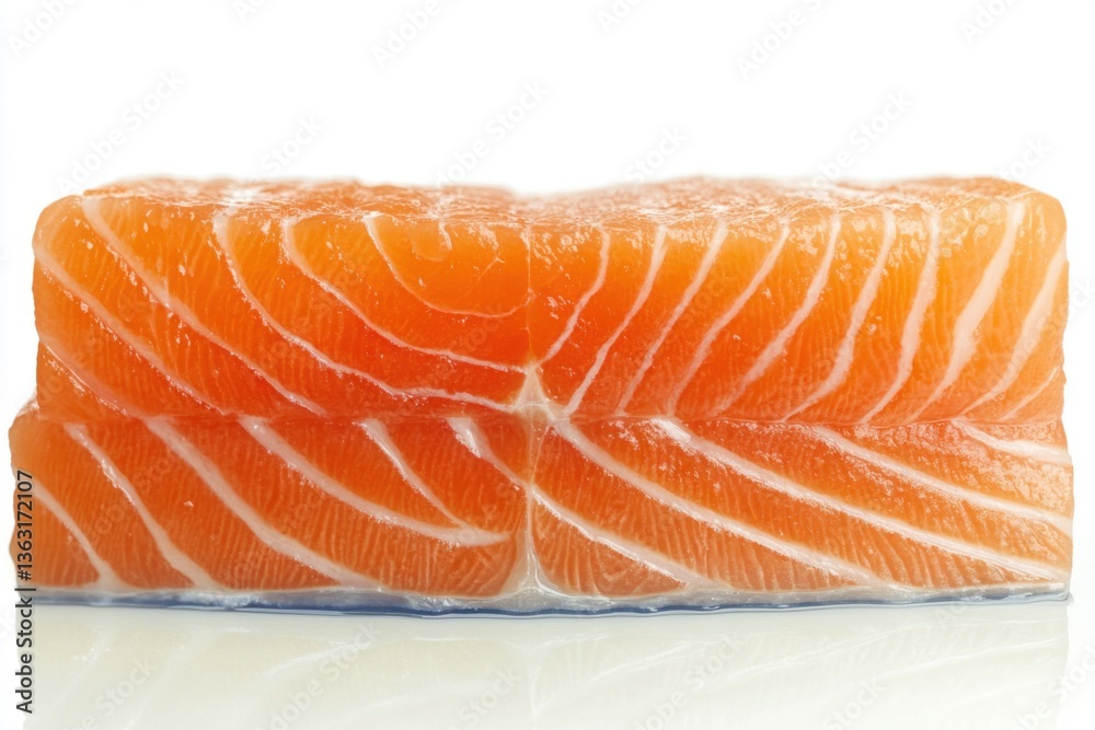 A vibrant, uncooked salmon fillet with distinct white fat lines is presented against a bright white background, showcasing its fresh and natural texture. A vibrant, uncooked salmon fillet with distinct white fat lines is presented against a bright white background, showcasing its fresh and natural texture.