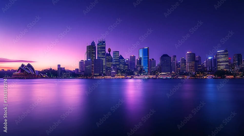 Fototapeta premium Sydney skyline at twilight, vibrant colours reflecting on water. Skyscrapers, opera house, city lights