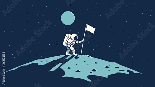 Astronaut Planting Flag on Moon Surface Under Starry Sky