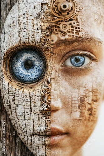 Woman with robot, half face, and art.