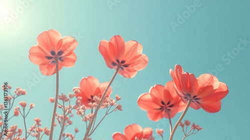 Serene Low Angle View of Vibrant Coral Tulips Against a Tranquil Blue Sky Capturing the Essence of Spring Bloom and Floral Beauty