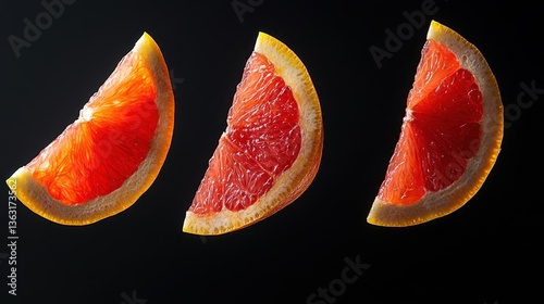 Sliced grapefruit wedges on black background	