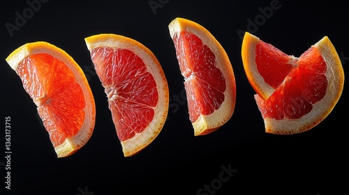 Sliced grapefruit wedges on black background	