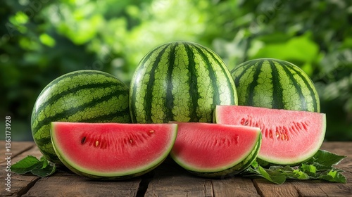 Fresh watermelons on wooden table outdoors	