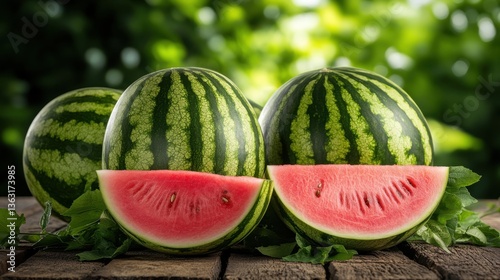 Fresh watermelons on wooden table outdoors	