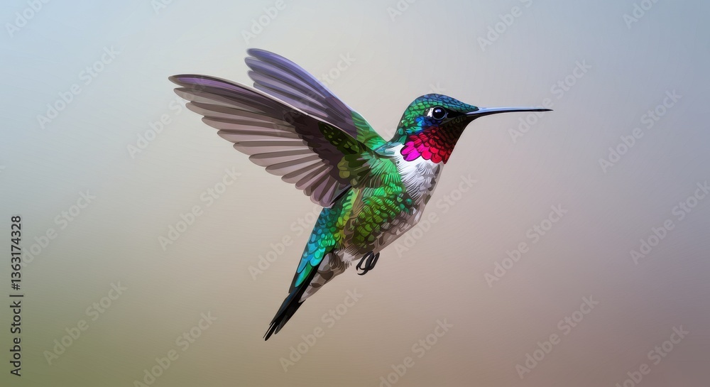 Fototapeta premium Vibrant hummingbird hovering in mid-air against a soft gradient background