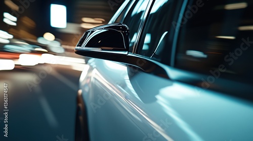 White car in motion with city lights reflection	