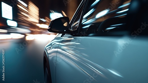 White car in motion with city lights reflection	