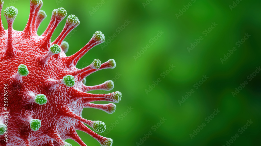 Red virus cell with green protein spikes on textured surface against green blurred background. Medical research concept for healthcare education and virus prevention campaigns Red virus cell with green protein spikes on textured surface against green blurred background. Medical research concept for healthcare education and virus prevention campaigns