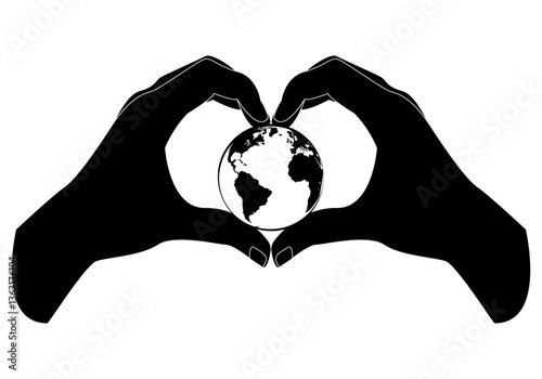 Cuida el planeta Tierra. Día internacional del medio ambiente. El planeta Tierra entre dos manos formando la silueta de un corazón. Ama y protege tu planeta
