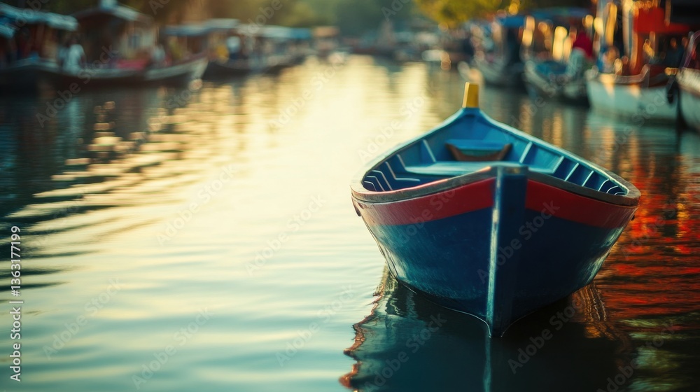 Obraz premium Colorful Wooden Boat Floating on Serene River at Sunset
