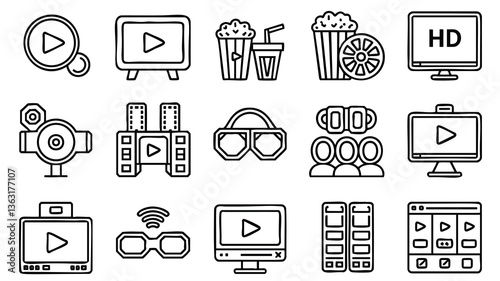 Simple Line Icons Representing Movie Entertainment and Streaming