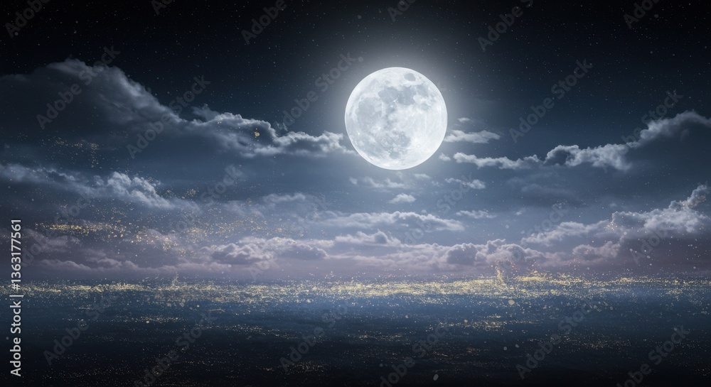Fototapeta premium Majestic full moon illuminating a city skyline at night with vibrant clouds