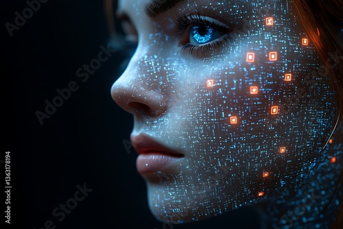 Womans face with digital code, and dark. (1)