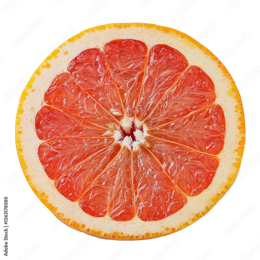 Delightful cross section of a fresh ruby grapefruit showing vibrant juicy segments