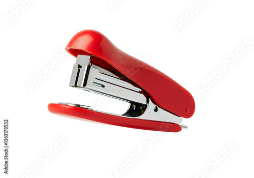 A floating red stapler with a single staple popping out, isolated on a solid white background.