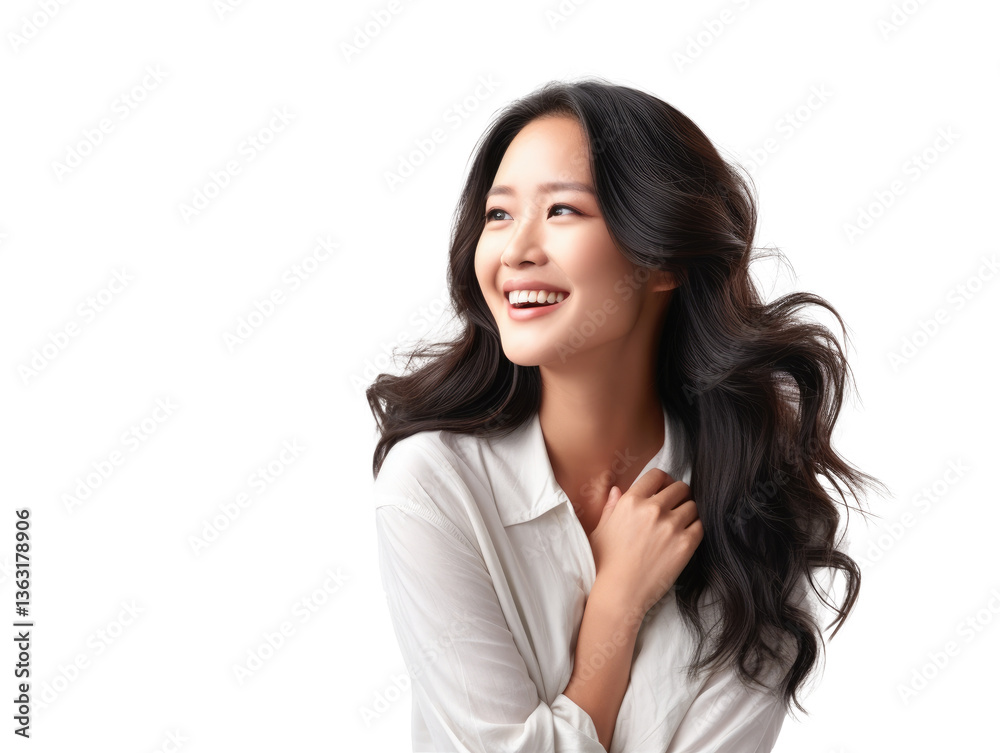 Beautiful Woman with Long Hair Smiling Against White Background Beautiful Woman with Long Hair Smiling Against White Background