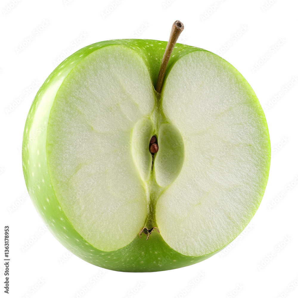 Freshly cut green apple showing juicy inner flesh and seeds with a vibrant color